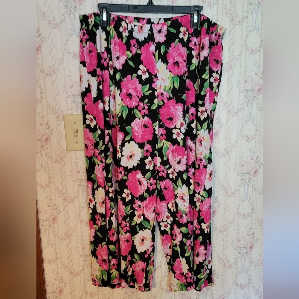Slinky Brand Black Floral Elastic Waist Pants 1X Wide Leg Ankle Length